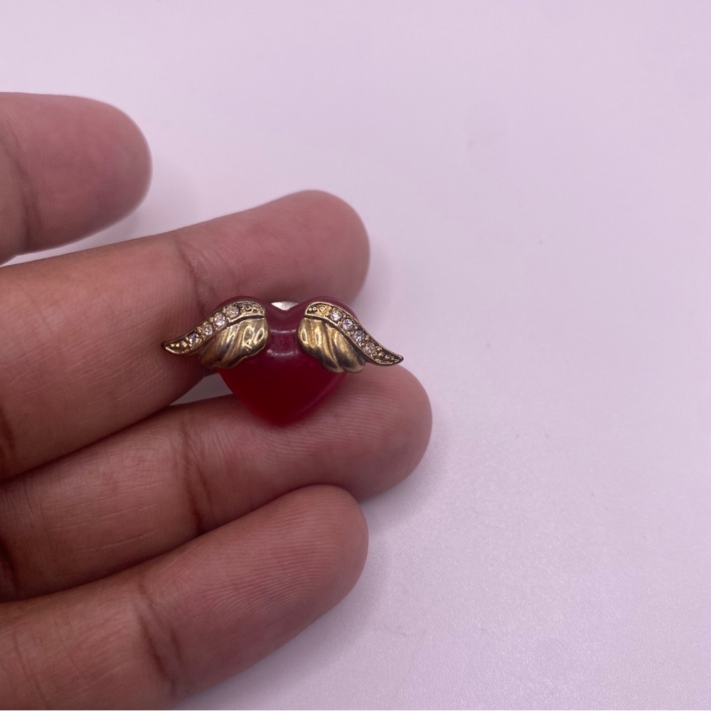 Vintage Red Heart Stone With Angel Rhinestone Wings Tie Tac